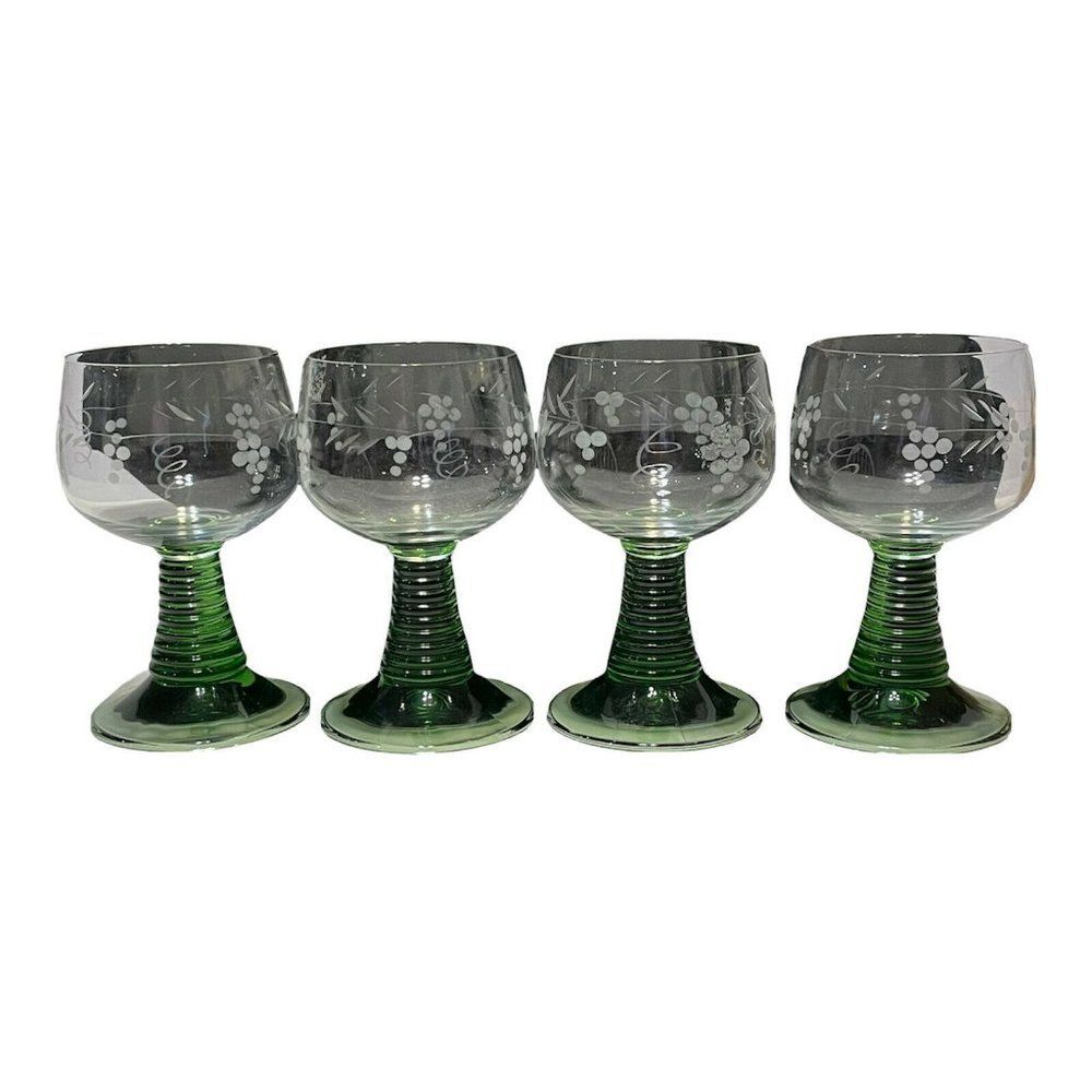 Vintage Lot  Cordial Wine Glasses Green Beehive Stem Etched Grape Bar Glasses